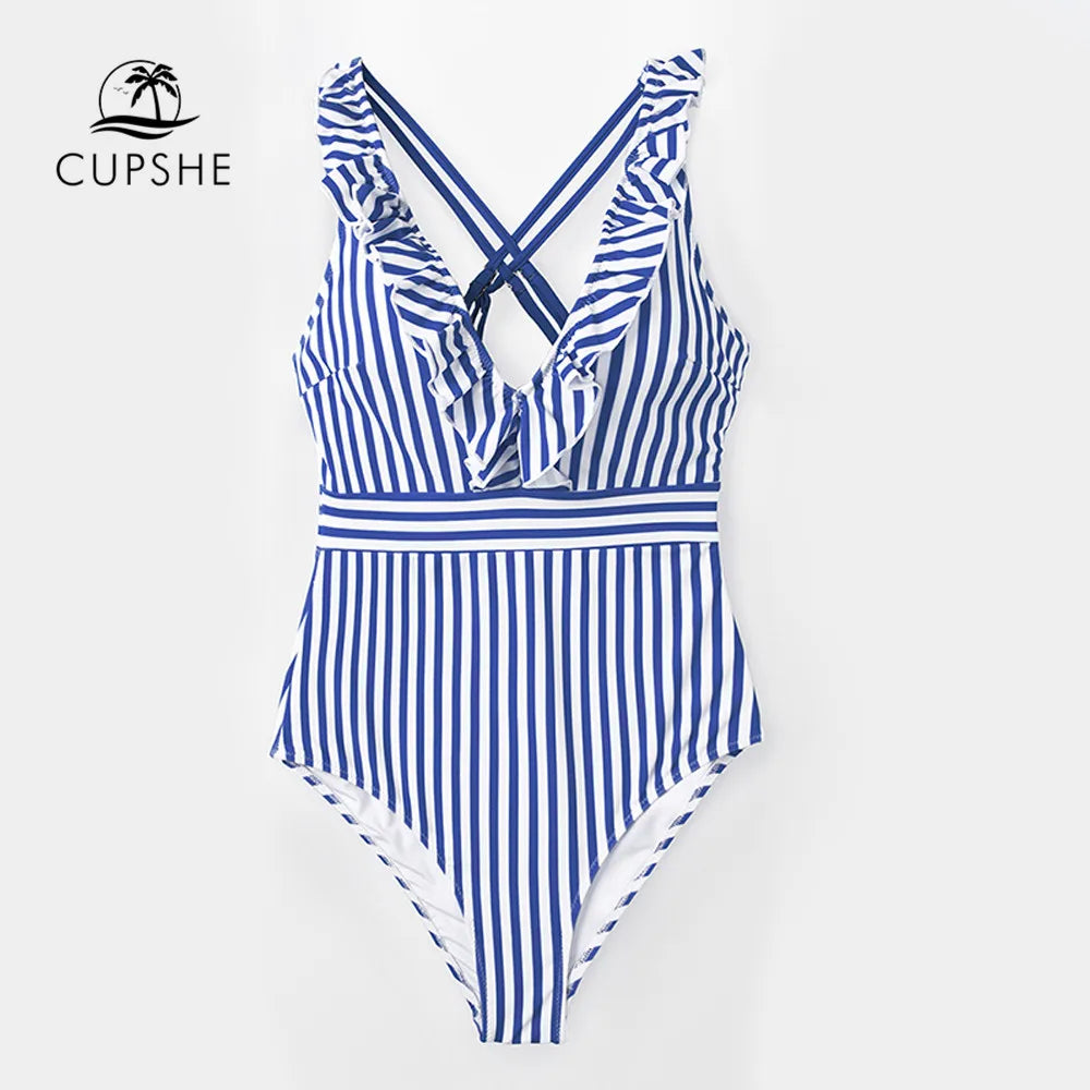 CUPSHE Blue White Striped Ruffled One-Piece Swimsuit