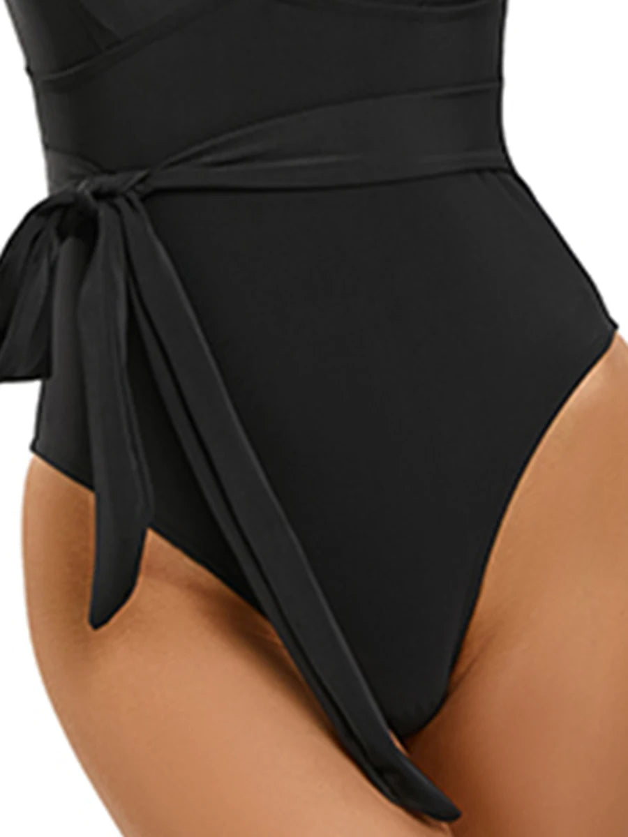 2024 Ruffle Deep V Swimsuit One Piece - Solid Sexy Swimwear with String Detail