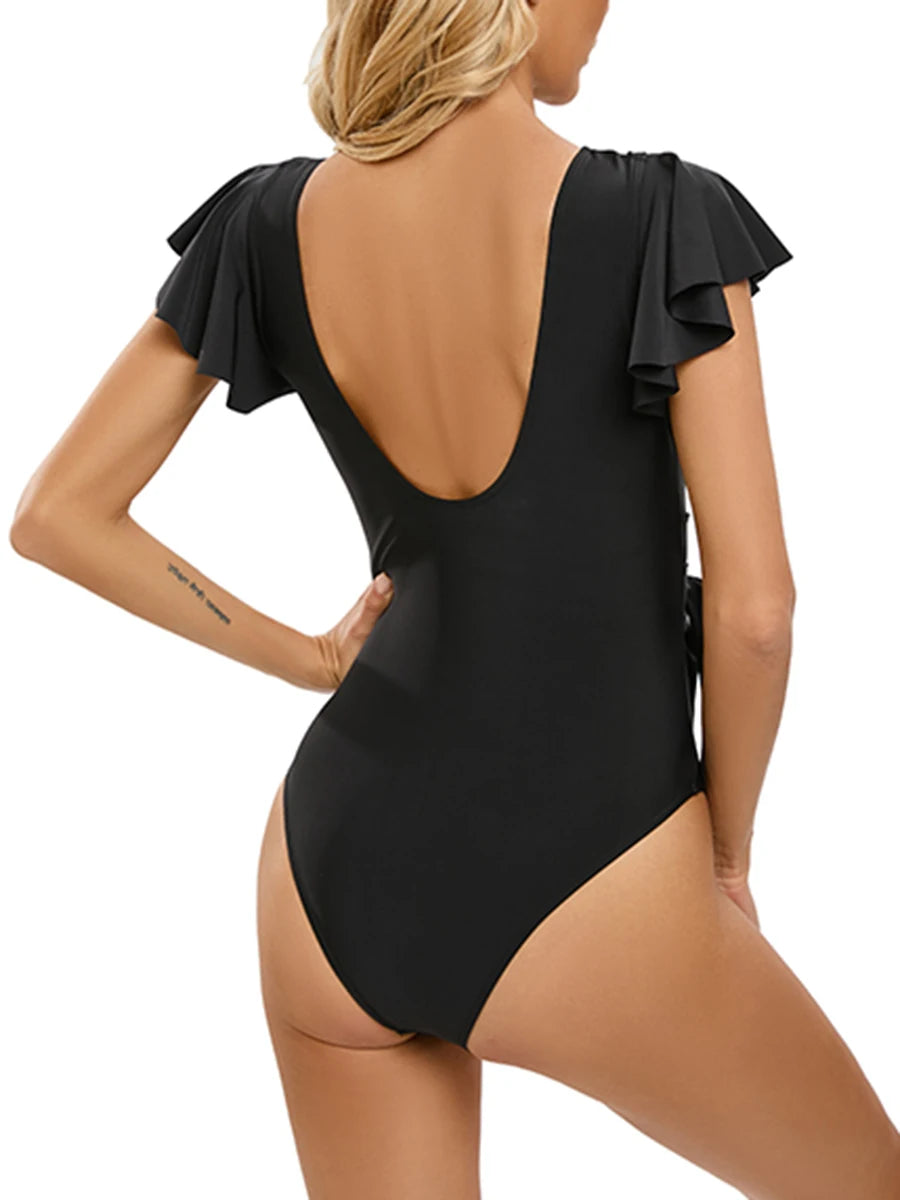 2024 Ruffle Deep V Swimsuit One Piece - Solid Sexy Swimwear with String Detail