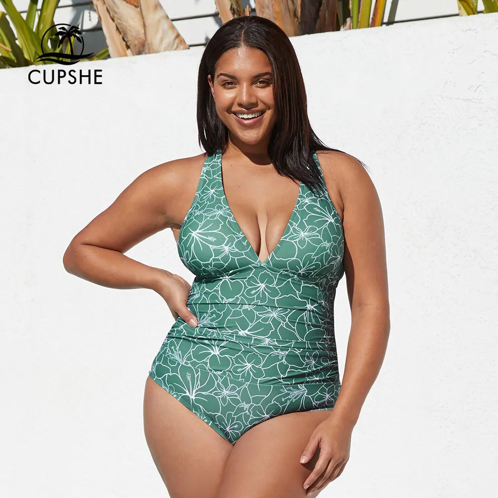 CUPSHE Plus Size V-neck Back Tie One Piece Swimsuit