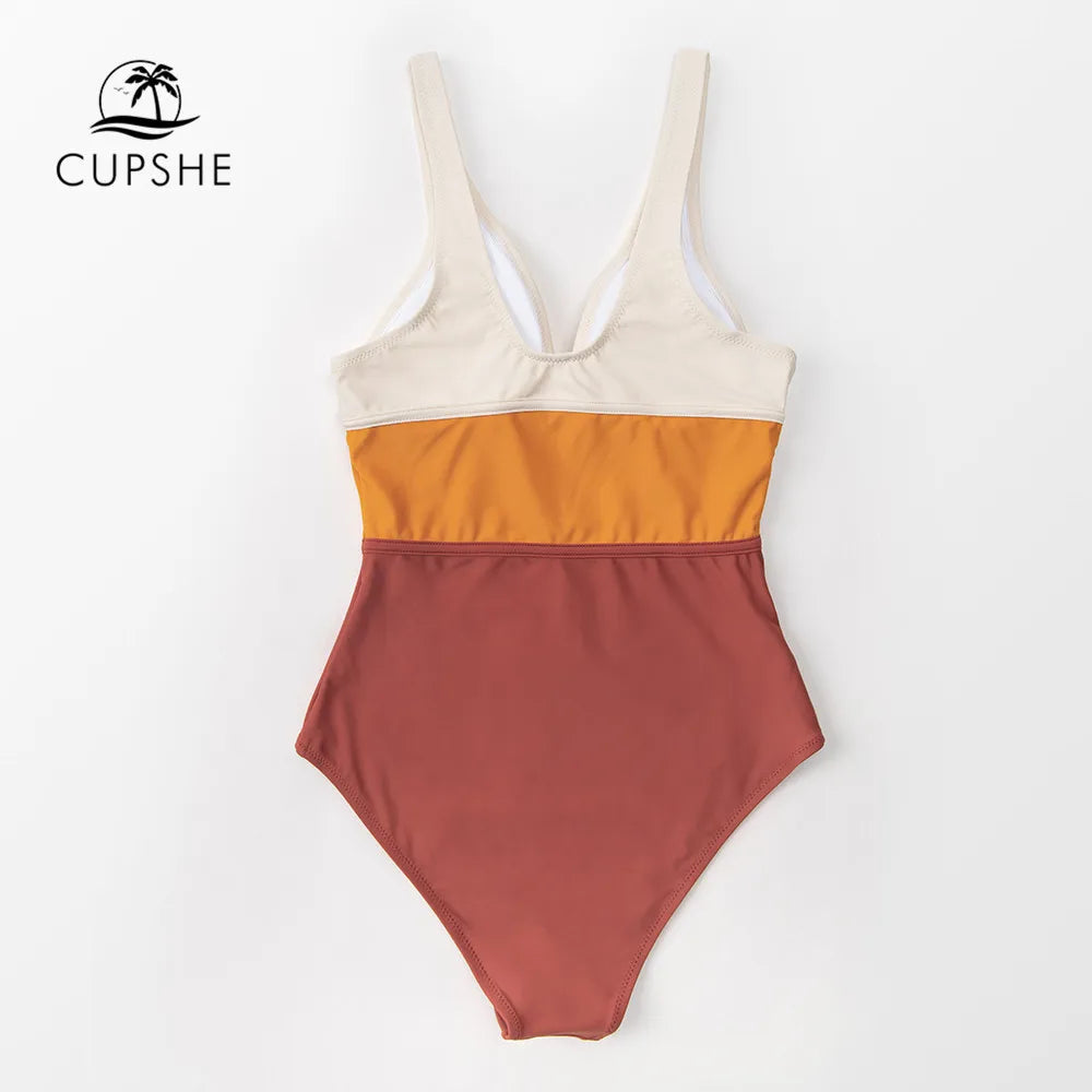 CUPSHE Plunge Neck Colorblock One-Piece Swimsuit