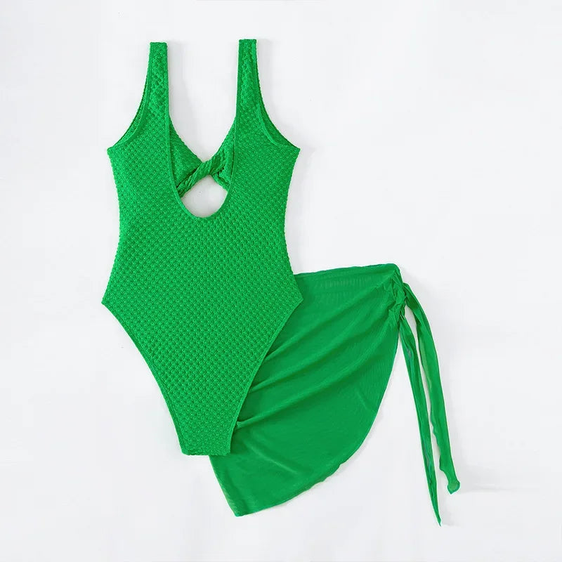 Chic 2024 Twist Front One Piece Swimsuit with Beach Skirt