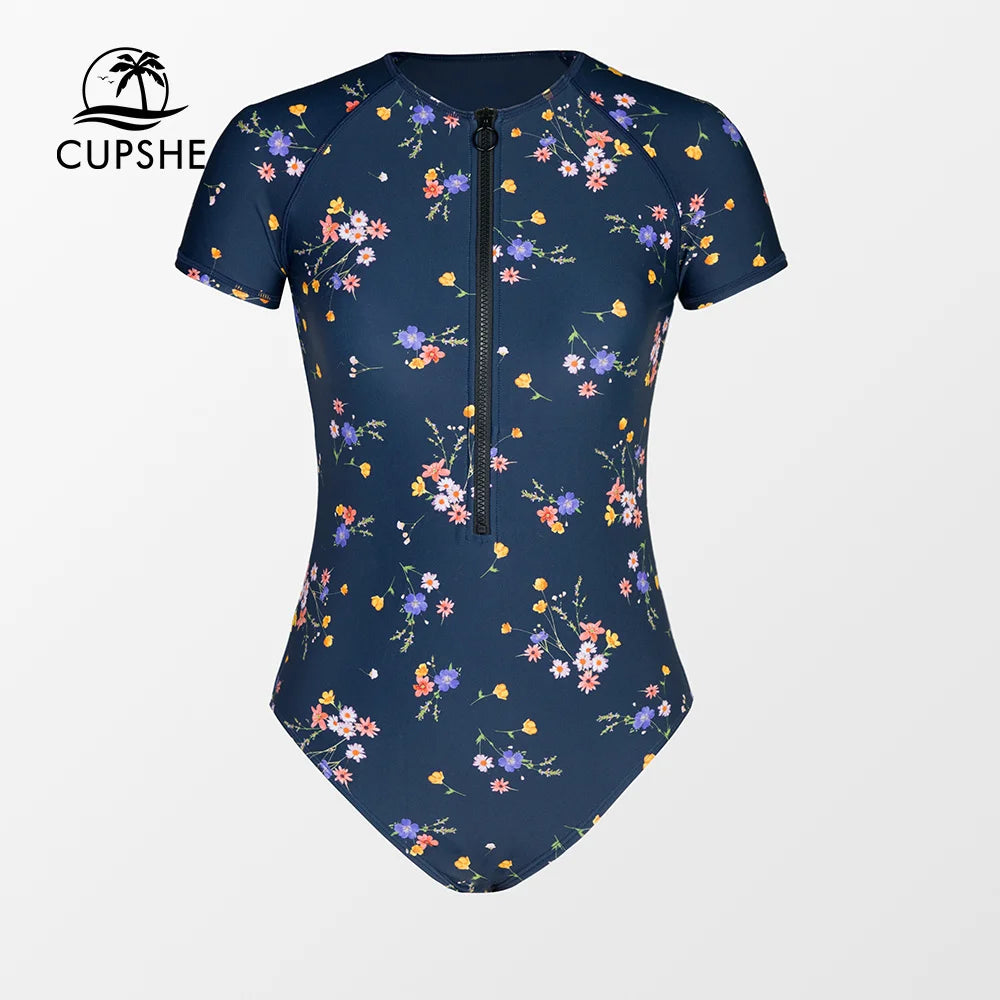 CUPSHE Navy Floral Zipper Short Sleeve One-Piece Swimsuit